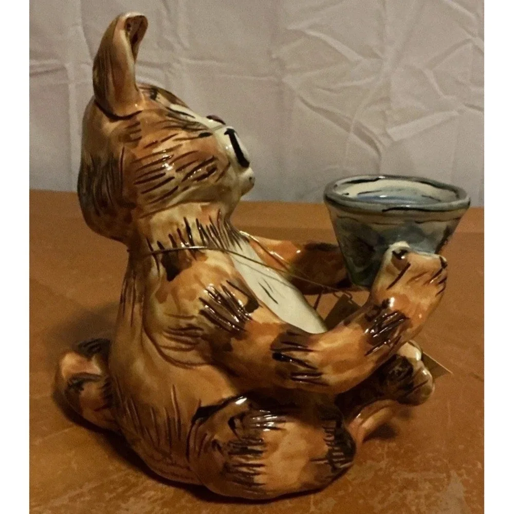 Heather Goldminc Blue Sky 2000 Clayworks Cat Figure Tealight Candle Holder W/Tag